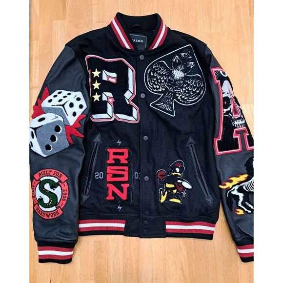 REASON Sport Varsity Letter Bomber Jacket Men's Sz Small Black Wool Blend Lined - Picture 1 of 13